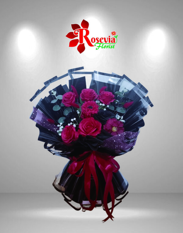 Buket Mawar Merah Elegan Wrapping Hitam – Rosevia Florist